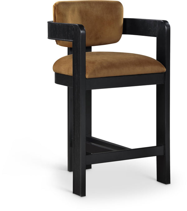 Meridian Furniture Sacha Fluted Solid Wood Counter Stool with Dense Saddle Velvet Kitchen Seating 11078Saddle-C