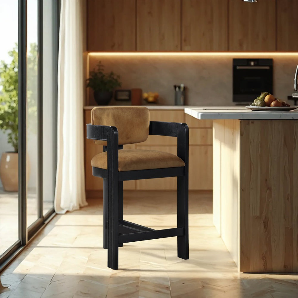 Meridian Furniture Sacha Fluted Solid Wood Counter Stool with Dense Saddle Velvet Kitchen Seating 11078Saddle-C