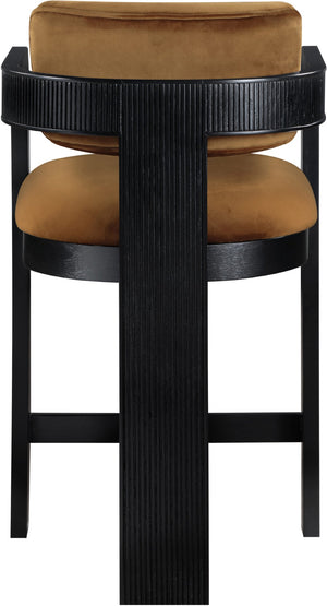 Meridian Furniture Sacha Fluted Solid Wood Counter Stool with Dense Saddle Velvet Kitchen Seating 11078Saddle-C