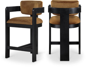 Meridian Furniture Sacha Fluted Solid Wood Counter Stool with Dense Saddle Velvet Kitchen Seating 11078Saddle-C