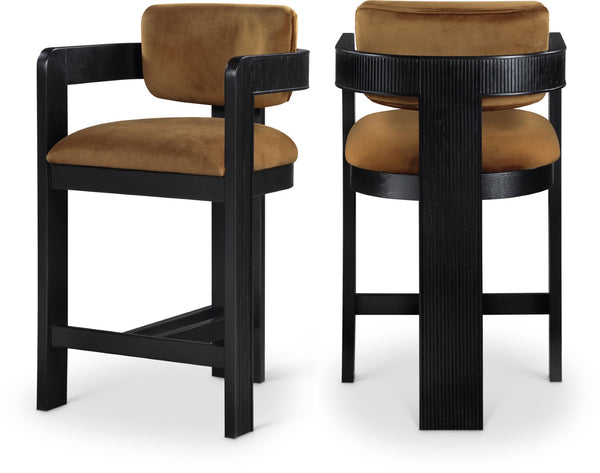 Meridian Furniture Sacha Fluted Solid Wood Counter Stool with Dense Saddle Velvet Kitchen Seating 11078Saddle-C