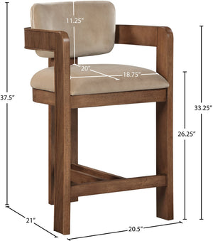 Meridian Furniture Sacha Velvet Counter Stool with Fluted Walnut Frame for Kitchen Islands 11079Beige-C