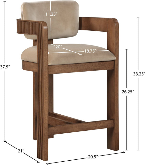 Meridian Furniture Sacha Velvet Counter Stool with Fluted Walnut Frame for Kitchen Islands 11079Beige-C