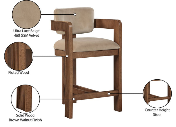 Meridian Furniture Sacha Velvet Counter Stool with Fluted Walnut Frame for Kitchen Islands 11079Beige-C