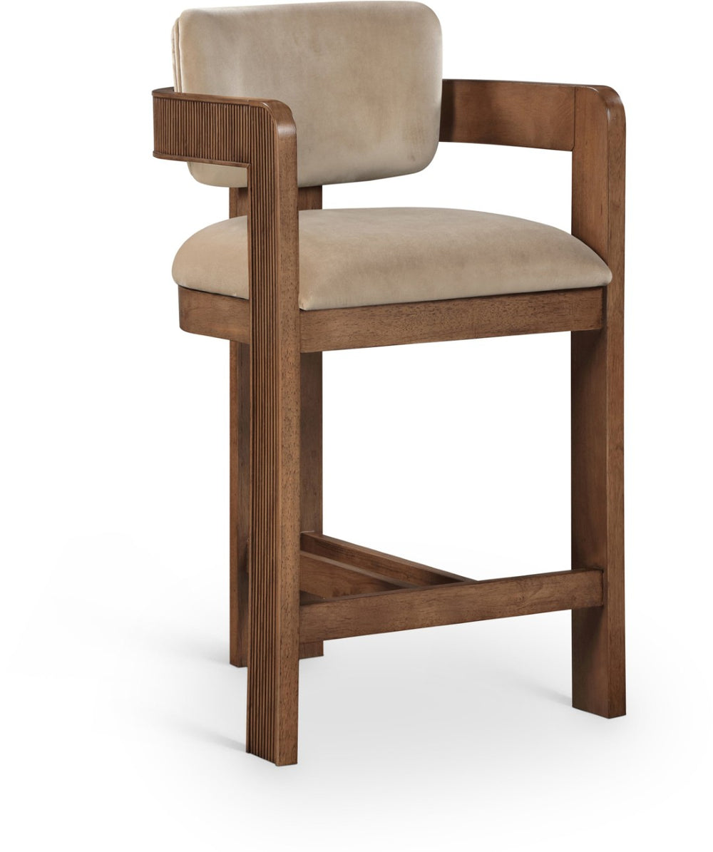 Meridian Furniture Sacha Velvet Counter Stool with Fluted Walnut Frame for Kitchen Islands 11079Beige-C