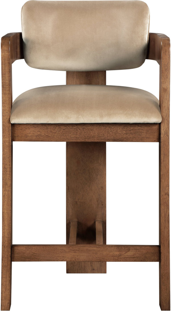 Meridian Furniture Sacha Velvet Counter Stool with Fluted Walnut Frame for Kitchen Islands 11079Beige-C