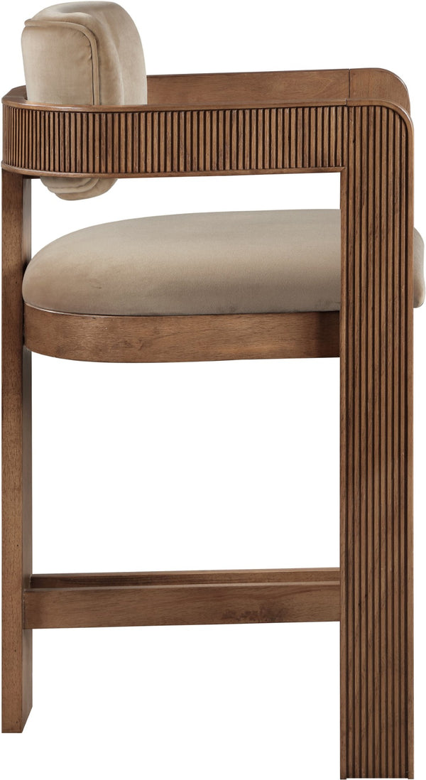 Meridian Furniture Sacha Velvet Counter Stool with Fluted Walnut Frame for Kitchen Islands 11079Beige-C