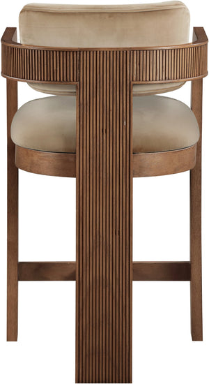 Meridian Furniture Sacha Velvet Counter Stool with Fluted Walnut Frame for Kitchen Islands 11079Beige-C