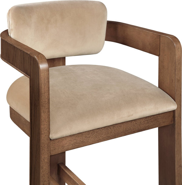Meridian Furniture Sacha Velvet Counter Stool with Fluted Walnut Frame for Kitchen Islands 11079Beige-C