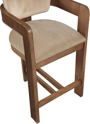 Meridian Furniture Sacha Velvet Counter Stool with Fluted Walnut Frame for Kitchen Islands 11079Beige-C
