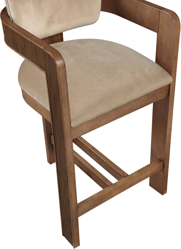 Meridian Furniture Sacha Velvet Counter Stool with Fluted Walnut Frame for Kitchen Islands 11079Beige-C