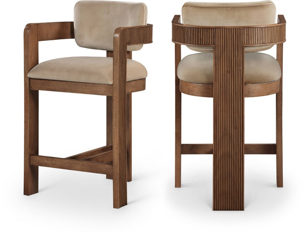 Meridian Furniture Sacha Velvet Counter Stool with Fluted Walnut Frame for Kitchen Islands 11079Beige-C