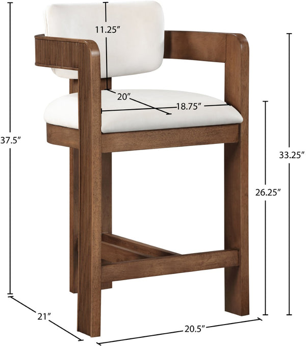 Meridian Furniture Sacha Cream Velvet Counter Stool with Fluted Walnut Frame for Kitchen Islands 11079Cream-C
