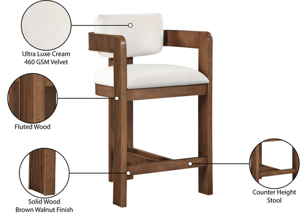 Meridian Furniture Sacha Cream Velvet Counter Stool with Fluted Walnut Frame for Kitchen Islands 11079Cream-C