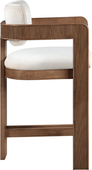 Meridian Furniture Sacha Cream Velvet Counter Stool with Fluted Walnut Frame for Kitchen Islands 11079Cream-C