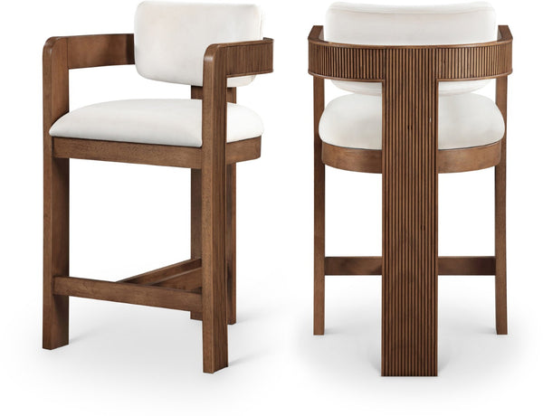 Meridian Furniture Sacha Cream Velvet Counter Stool with Fluted Walnut Frame for Kitchen Islands 11079Cream-C
