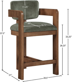 Meridian Furniture Sacha Fluted Solid Wood Counter Stool with Plush Green Velvet and Walnut Finish 11079Green-C