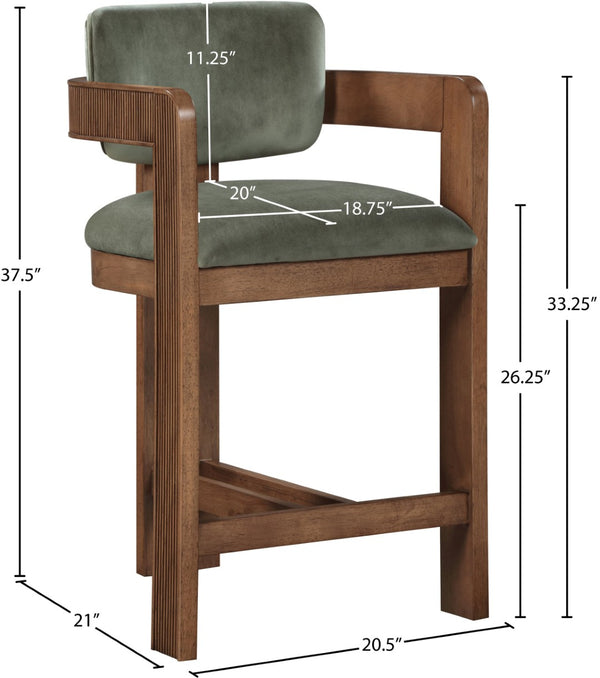 Meridian Furniture Sacha Fluted Solid Wood Counter Stool with Plush Green Velvet and Walnut Finish 11079Green-C