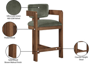 Meridian Furniture Sacha Fluted Solid Wood Counter Stool with Plush Green Velvet and Walnut Finish 11079Green-C