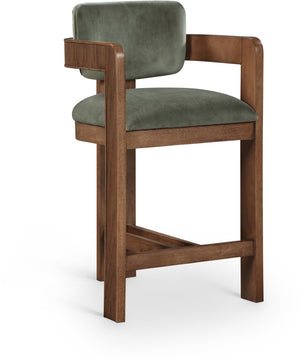 Meridian Furniture Sacha Fluted Solid Wood Counter Stool with Plush Green Velvet and Walnut Finish 11079Green-C