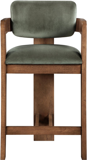 Meridian Furniture Sacha Fluted Solid Wood Counter Stool with Plush Green Velvet and Walnut Finish 11079Green-C