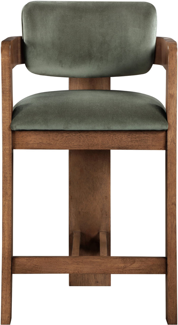 Meridian Furniture Sacha Fluted Solid Wood Counter Stool with Plush Green Velvet and Walnut Finish 11079Green-C