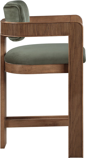Meridian Furniture Sacha Fluted Solid Wood Counter Stool with Plush Green Velvet and Walnut Finish 11079Green-C