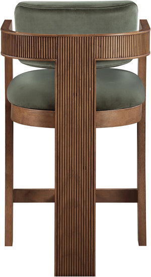 Meridian Furniture Sacha Fluted Solid Wood Counter Stool with Plush Green Velvet and Walnut Finish 11079Green-C