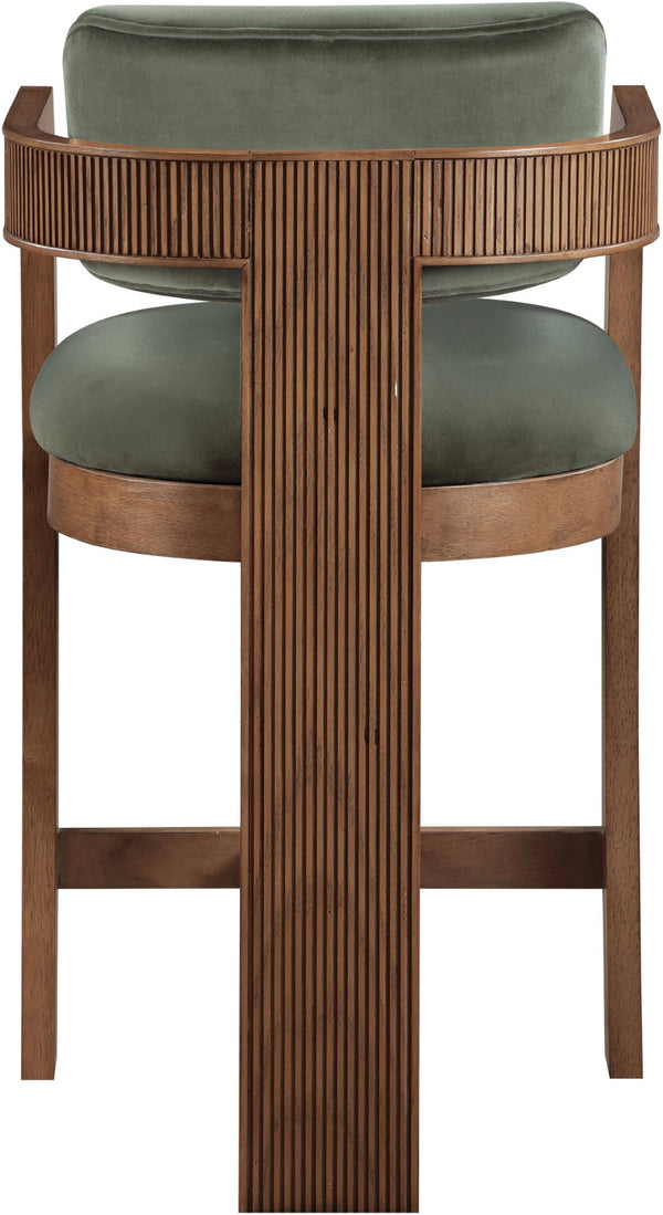 Meridian Furniture Sacha Fluted Solid Wood Counter Stool with Plush Green Velvet and Walnut Finish 11079Green-C