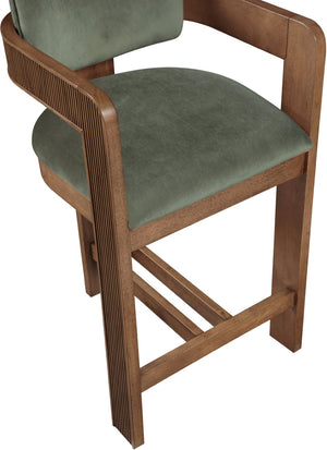 Meridian Furniture Sacha Fluted Solid Wood Counter Stool with Plush Green Velvet and Walnut Finish 11079Green-C
