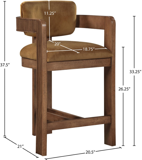 Meridian Furniture Sacha Fluted Walnut Counter Stool with Saddle Velvet Seat for Kitchen Islands 11079Saddle-C