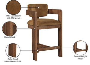 Meridian Furniture Sacha Fluted Walnut Counter Stool with Saddle Velvet Seat for Kitchen Islands 11079Saddle-C