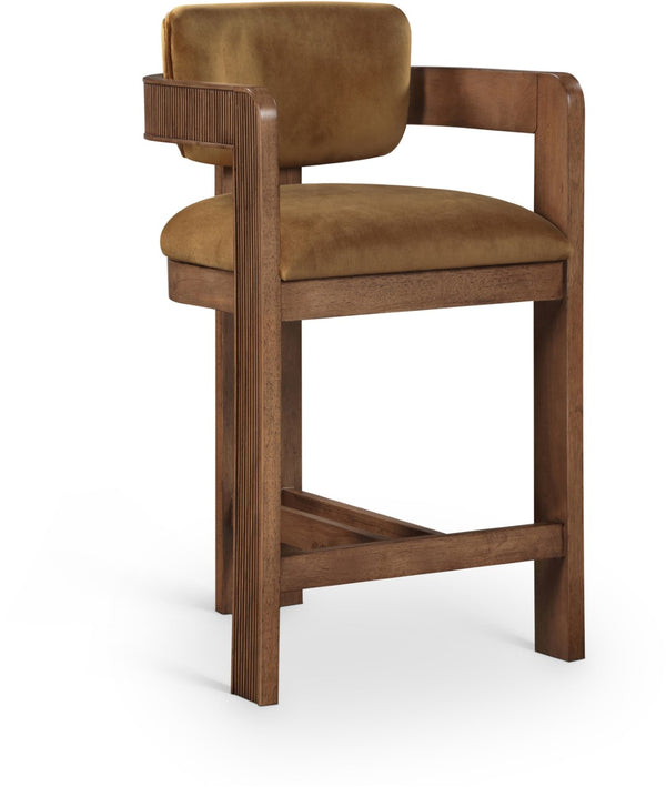 Meridian Furniture Sacha Fluted Walnut Counter Stool with Saddle Velvet Seat for Kitchen Islands 11079Saddle-C