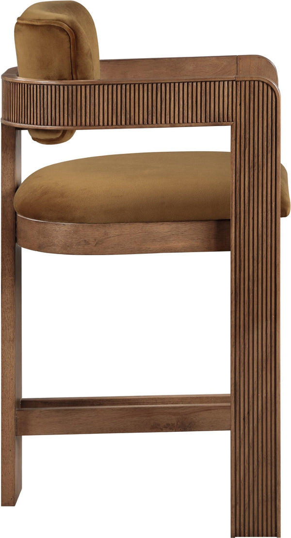 Meridian Furniture Sacha Fluted Walnut Counter Stool with Saddle Velvet Seat for Kitchen Islands 11079Saddle-C