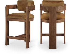 Meridian Furniture Sacha Fluted Walnut Counter Stool with Saddle Velvet Seat for Kitchen Islands 11079Saddle-C