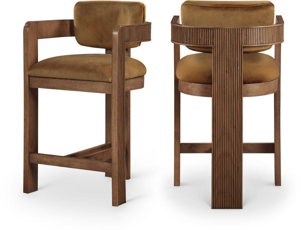 Meridian Furniture Sacha Fluted Walnut Counter Stool with Saddle Velvet Seat for Kitchen Islands 11079Saddle-C