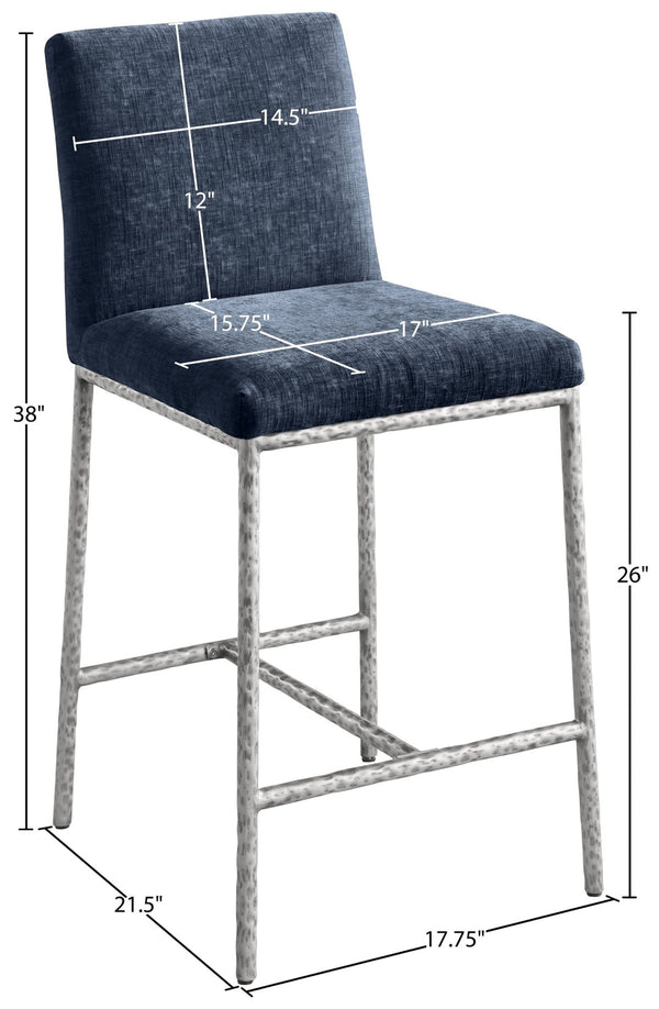 Meridian Furniture Reeves Plush Chenille Upholstered Counter Stool with Iron Frame for Kitchen Islands and Bars Navy Style 3 11080Navy-C