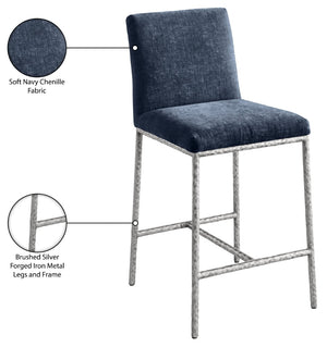 Meridian Furniture Reeves Plush Chenille Upholstered Counter Stool with Iron Frame for Kitchen Islands and Bars Navy Style 3 11080Navy-C