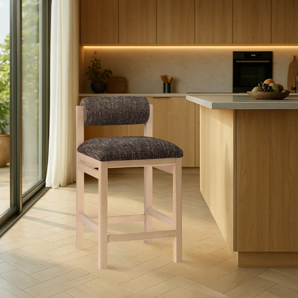 Meridian Furniture Roundhill Art Deco Counter Stool with Woven Linen Fabric and Natural Wood Frame 11086Brown-C
