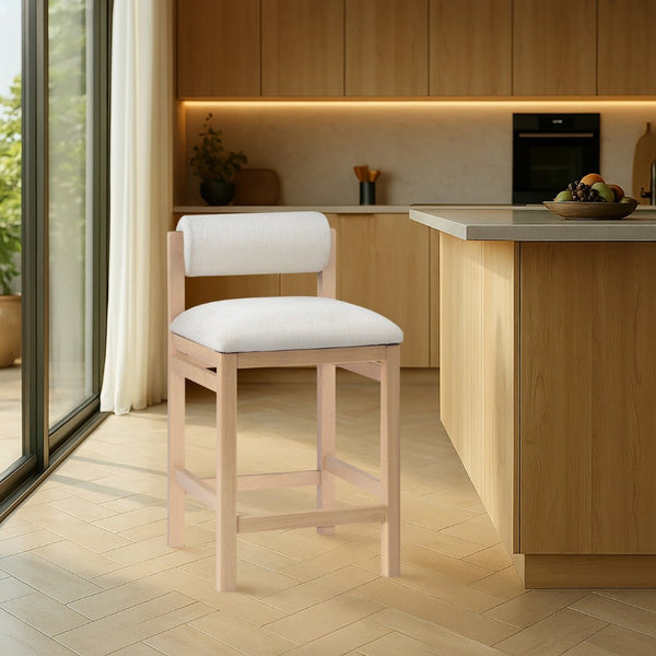 Meridian Furniture Roundhill Art Deco Counter Stool Woven Linen Polyester Seat Natural Wood Frame 11086Cream-C