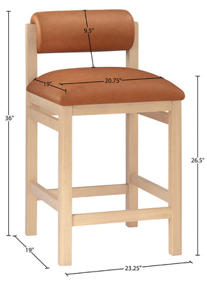 Meridian Furniture Roundhill Cognac Vegan Leather Counter Stool Art Deco Curved Wood Frame Kitchen Bar 11087Cognac-C