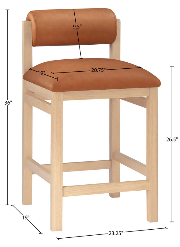 Meridian Furniture Roundhill Cognac Vegan Leather Counter Stool Art Deco Curved Wood Frame Kitchen Bar 11087Cognac-C