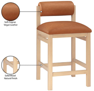 Meridian Furniture Roundhill Cognac Vegan Leather Counter Stool Art Deco Curved Wood Frame Kitchen Bar 11087Cognac-C