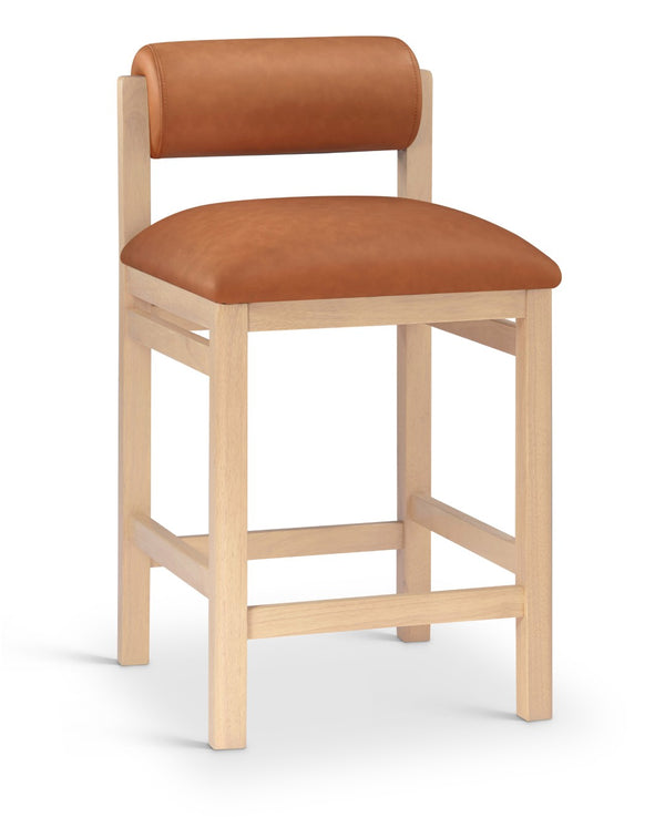 Meridian Furniture Roundhill Cognac Vegan Leather Counter Stool Art Deco Curved Wood Frame Kitchen Bar 11087Cognac-C