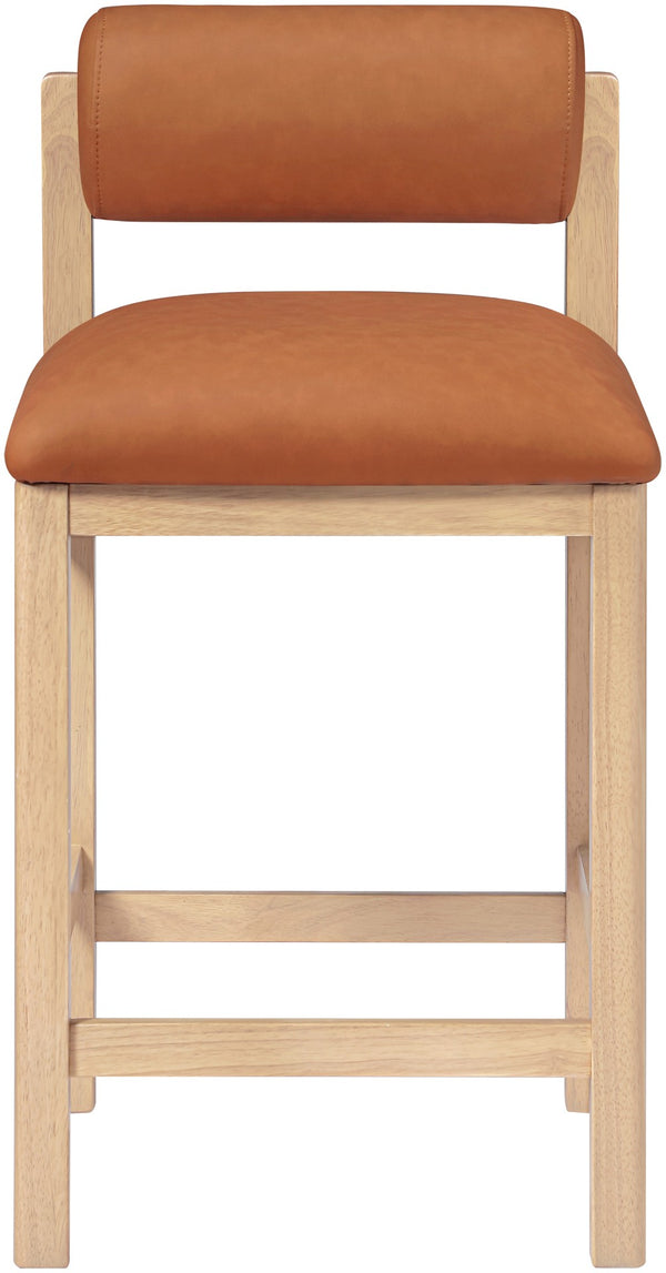 Meridian Furniture Roundhill Cognac Vegan Leather Counter Stool Art Deco Curved Wood Frame Kitchen Bar 11087Cognac-C