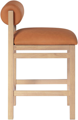 Meridian Furniture Roundhill Cognac Vegan Leather Counter Stool Art Deco Curved Wood Frame Kitchen Bar 11087Cognac-C