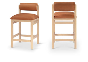 Meridian Furniture Roundhill Cognac Vegan Leather Counter Stool Art Deco Curved Wood Frame Kitchen Bar 11087Cognac-C