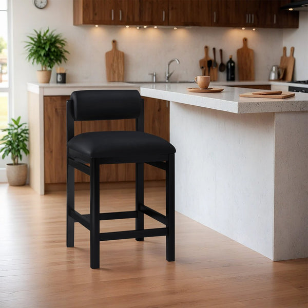 Meridian Furniture Roundhill Art Deco Vegan Leather Counter Stool with Solid Wood Matte Black Frame 11089Black-C