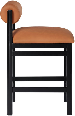 Meridian Furniture Roundhill Art Deco Vegan Leather Counter Stool with Black Wood Frame for Kitchen Island 11089Cognac-C
