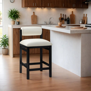 Meridian Furniture Roundhill Art Deco Vegan Leather Counterstool with Matte Black Solid Wood Base 11089Cream-C